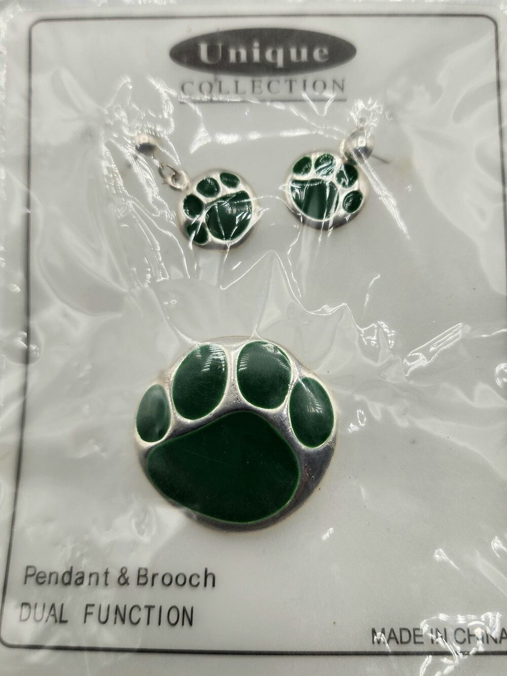 Green Paw Print Pendant Brooch and Earring Set Unique Collection Silver Tone